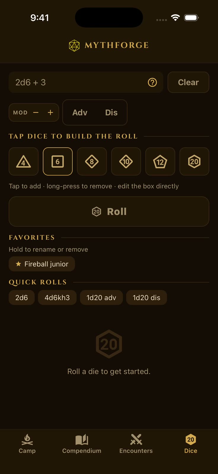 Tapping dice in the MythForge tray builds the notation 1d4 + 2d6, then the roll resolves to 15 and every die that landed is shown beneath the total