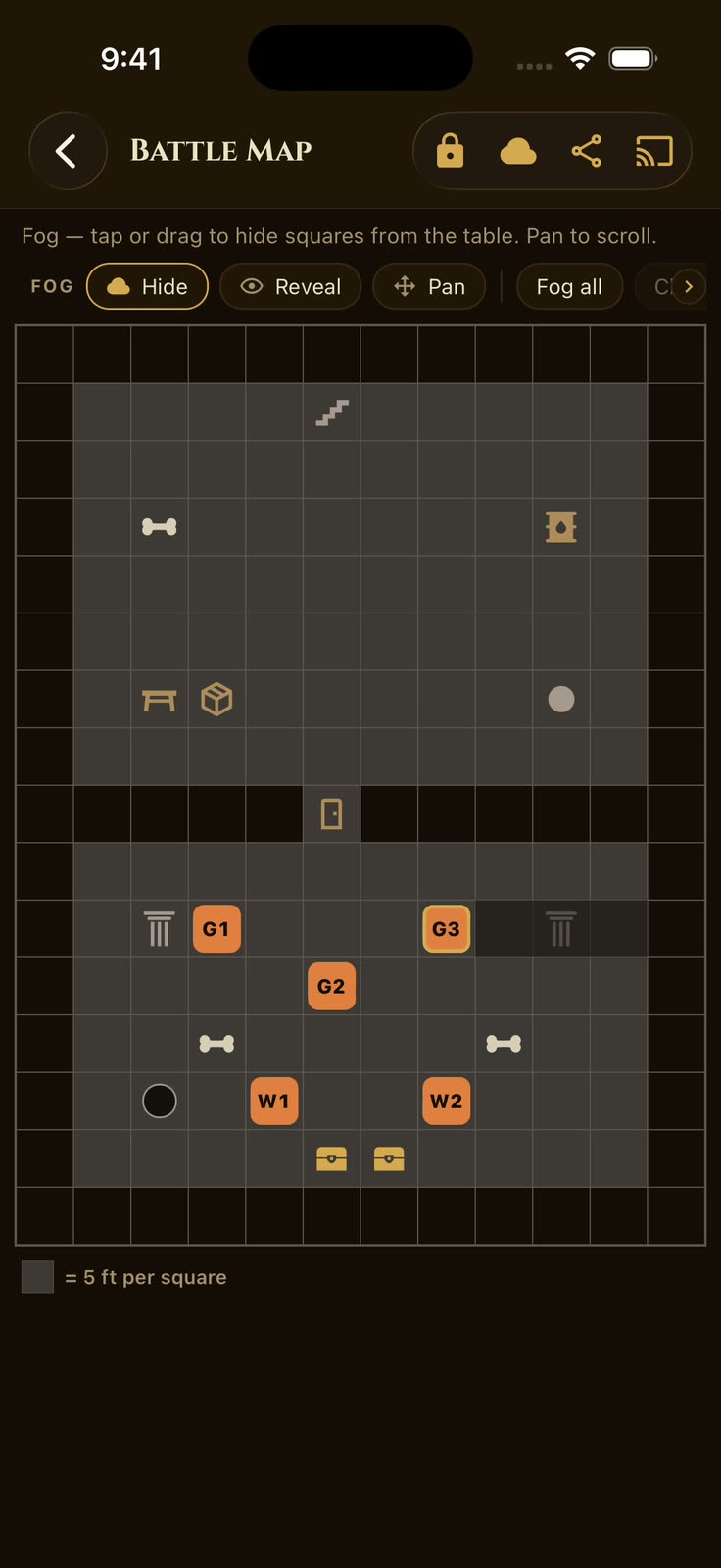 A finger drags across the MythForge battle map painting fog over a room, then switches to the reveal brush and lifts the fog square by square to uncover the terrain and a monster beneath