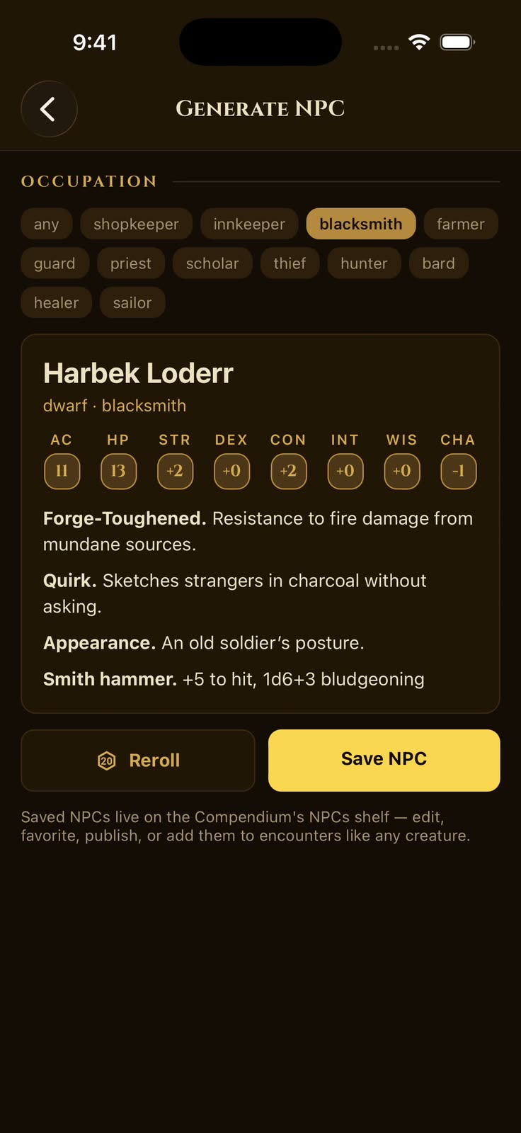 The occupation “blacksmith” is pinned in MythForge’s NPC generator and rerolled twice, forging a dwarf, a dragonborn, and a human (each with its own name, ability scores, trait, quirk, and attack) while the pinned occupation holds
