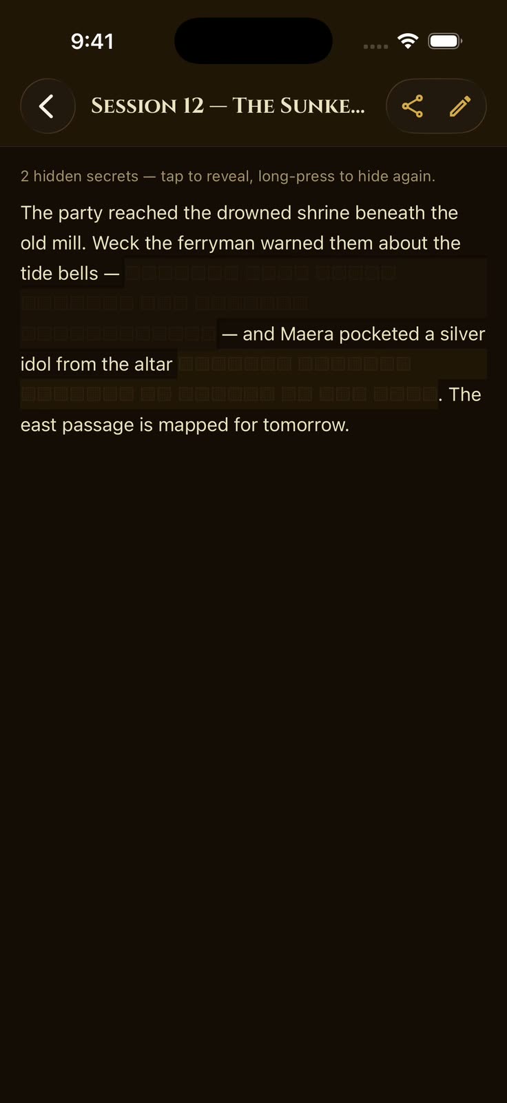 Two blacked-out blocks in a MythForge session recap are tapped one after the other, each revealing the secret beneath it in gold, and the counter above falls from two hidden secrets to none